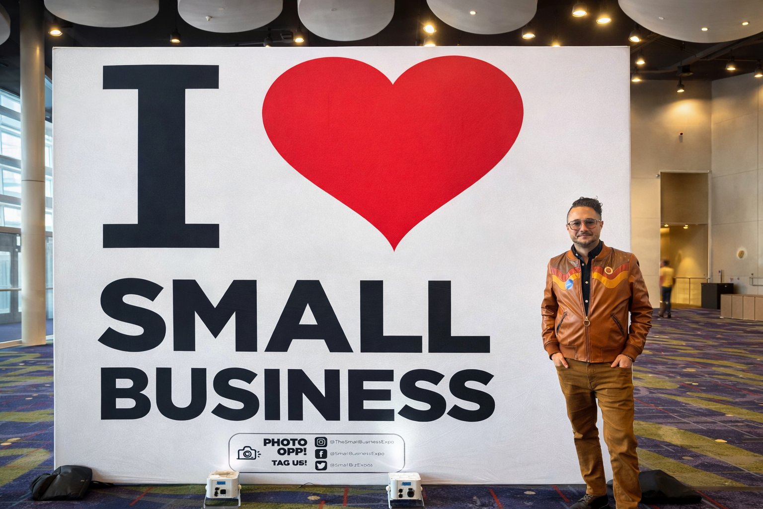 Johnny Tellez at an I love small business wall
